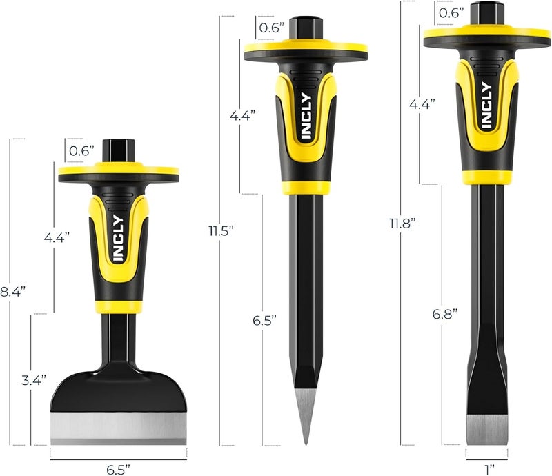 INCLY 3PCS Masonry Chisel Set with Hand Guard, Stone and Rock Chisel, Heavy Duty Concrete Chisel Tools Including 11 Inch Point & Flat, 8 Inch Brick Chisels for Breaking Splitting Cutting - Image 2